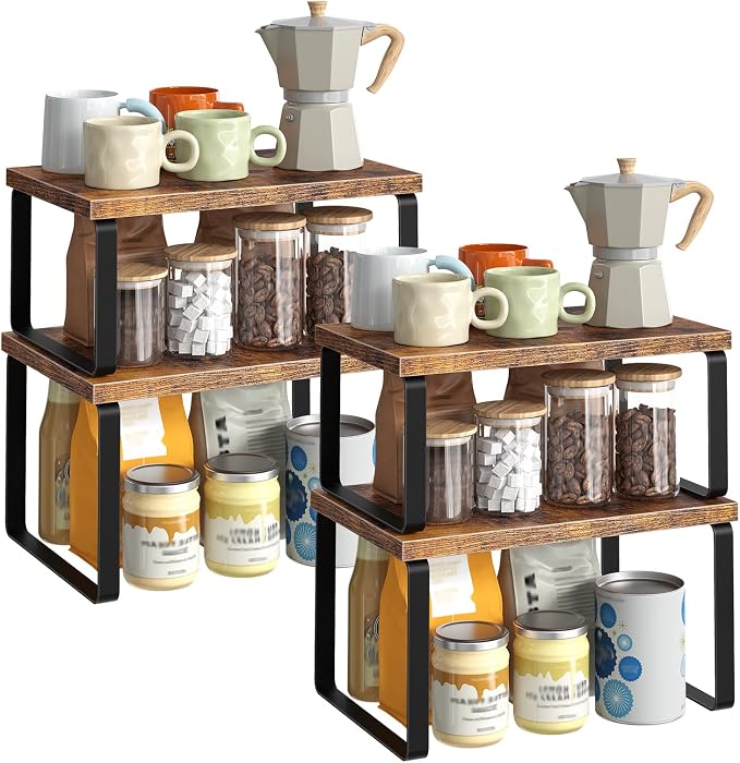 HOOBRO Cabinet Organizer Shelf, Set of 4, Kitchen Countertop Organizer, Kitchen Countertop Shelf, Spice Rack for Counter, Stackable, Expandable for Cabinet, Kitchen, Rustic Brown and Black BF33TLP201