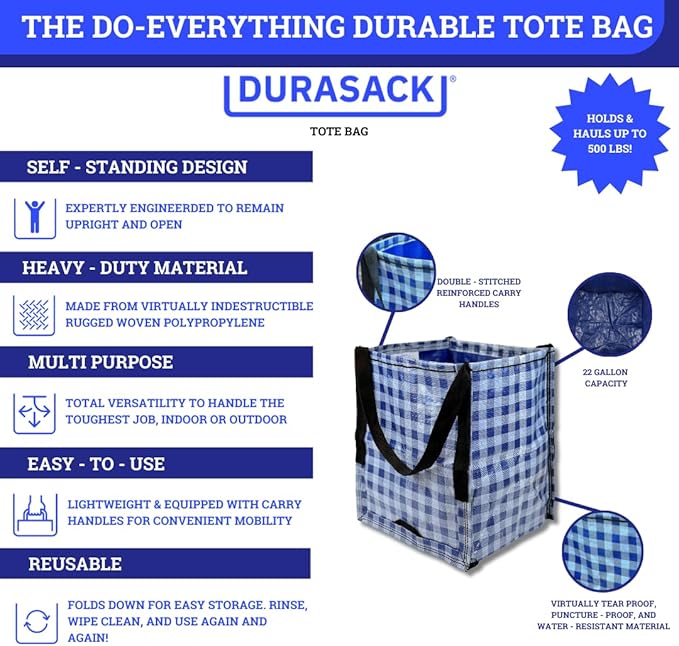 DURASACK Heavy Duty Storage Tote Bag 22-Gallon Rugged Woven Polypropylene Moving Bag, Reusable Self-Standing Design, Holds up to 500 Pounds, Pack of 4, Gingham Blue