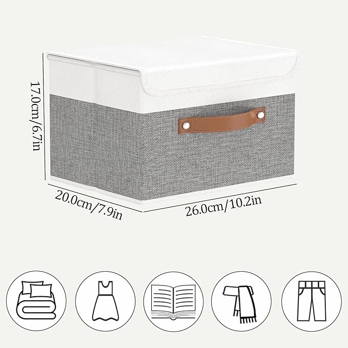 OUTBROS Fabric Storage Bins Cube Organizers with Flip-Top Lid and Handles,Storage Boxes for Organizing Home,Office,and Closet,White/Grey,5 Pack 10.2 x 7.9 x 6.7 in