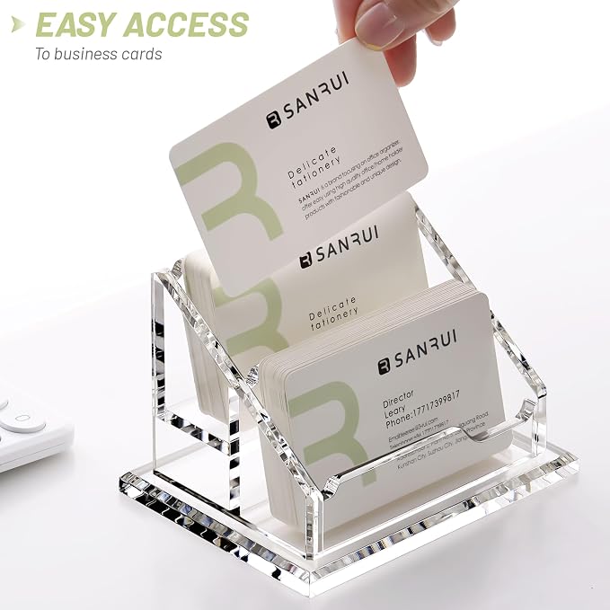 SANRUI Acrylic Business Card Holder, 2 Tier 2 Pocket Clear Business Card Stand ,Horizontal Business Card Display Stand for Exhibition, Home and Office