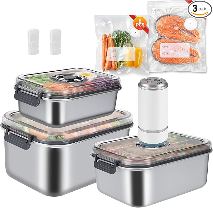 Compact Vacuum Seal Stainless steel Food Storage Containers (Vacuum Sealer Machine+3 Stainless steel Vacuum Containers+16 Reusable Vacuum Bags) for Vacuum Preservation, Refrigerators, Food Storage