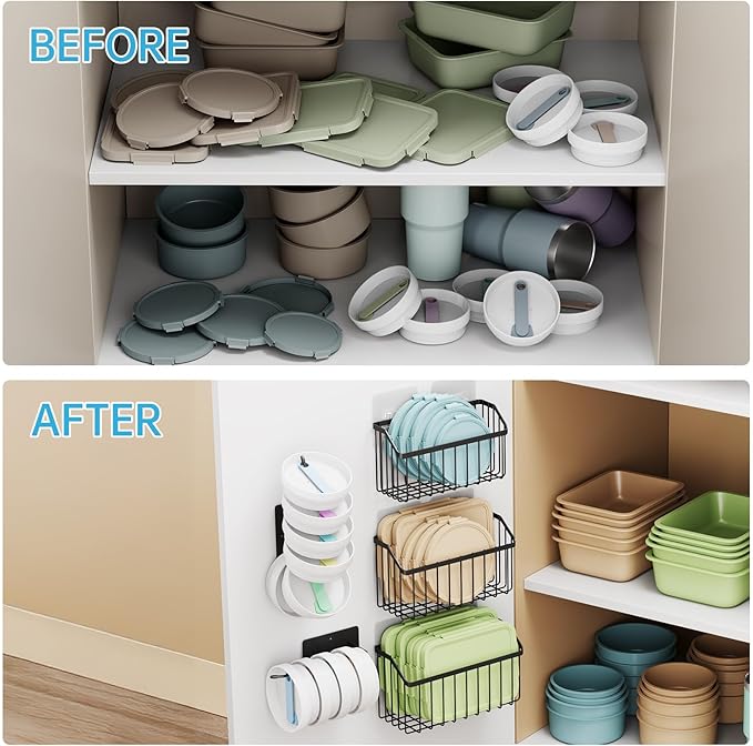 NiHome 5PCS Cabinet Door Lid Organizers Holders for Food Storage Container Lids Tupperware Tumblers Canning Lids, 3 Sizes Rustproof Metal Baskets for Spices, Toiletries, Under Sink or RV Storage
