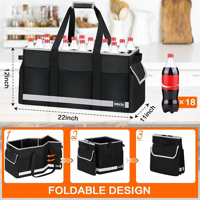 Upgrade Extra Large Utility Tote Bag with Reflective Strip, Standing Reusable Grocery Bags with Hard Bottom & 4 Sided Reinforced, Collapsible Utility Tote with Handles for Shopping, Beach, Car | Upgrade