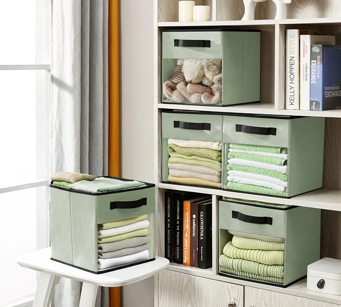 DECOMOMO Storage Bins, Cube Storage Bin with Window | 11" Cube, 6 Pack, Fabric Storage Cubes for Shelves (Green)