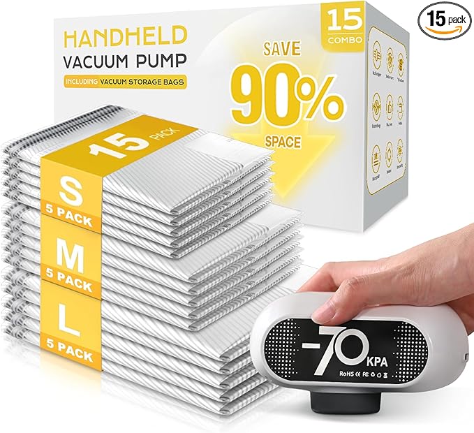 15 Pack Travel Vacuum Bags with Electric Pump, 70KPa Vacuum Storage Bags for Clothing, Reusable Space Saver Bags for Suitcase, Travel & Home Storage, Alpine White