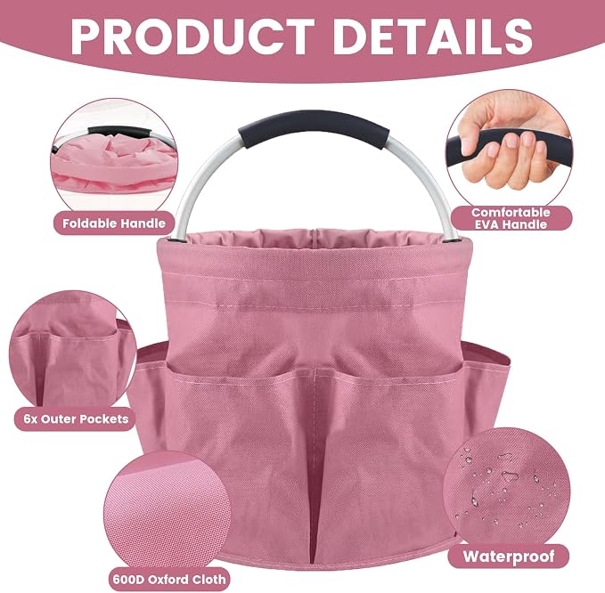 Cleaning Caddy with Handle, 17L Cleaning Supplies Organizer, Pink | 600D Oxford Fabric Storage Basket with 6 Pockets, Multifunctional Bucket Bag for Picnics, Camping, Gardening, Bathing