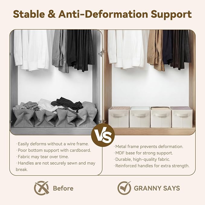 GRANNY SAYS Storage Bins for Closet, Linen Closet Organizers and Storage Baskets with Metal Frame, Shelf Storage Bins for Organizing Living Room, Bedroom Wardrobe, Foldable, Sturdy, Beige, 2-Pack