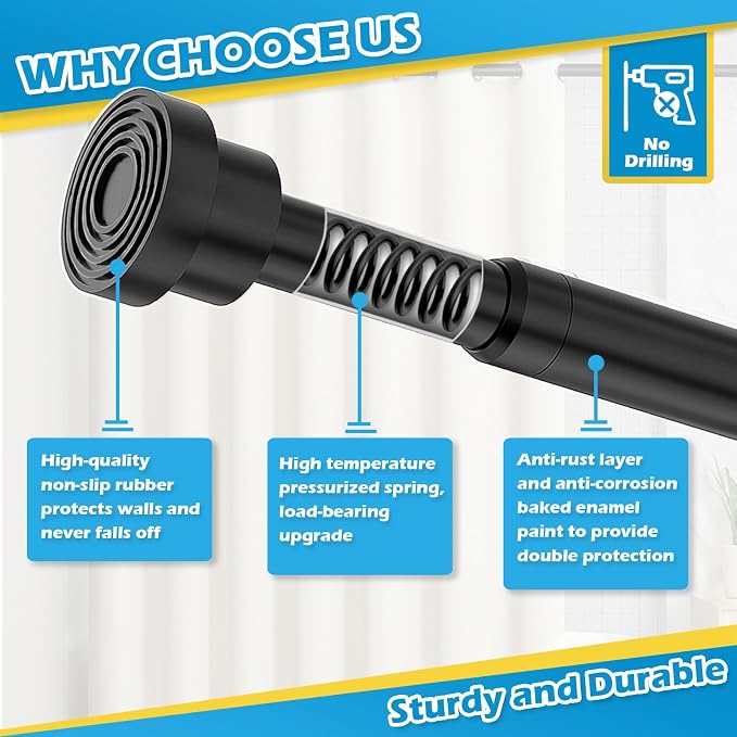 Spring Tension Curtain Rod 18 to 28 Inch Adjustable Small Tension Rod No Drilling Short Black Curtain Rod Expandable for Window, Cupboard, Closet, Wardrobe, DIY Projects