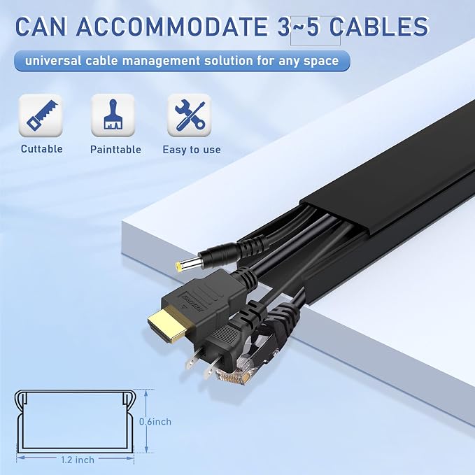 157" Cord Cover Raceway Kit, Large Cable Cover for Wall, Black | 157" wall cable cover kit hides TV and power cords with paintable raceways and customizable connectors