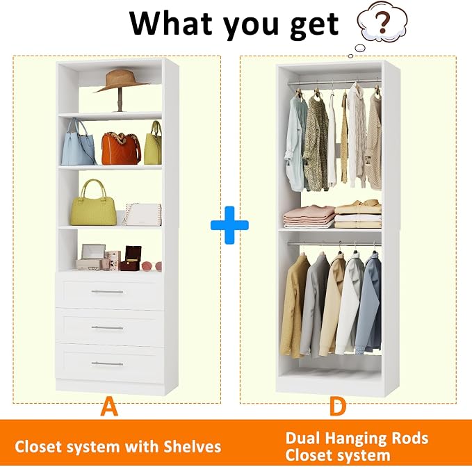 Closet System with 3 Drawers, 4FT-10.5FT Wooden Organizer System | 81"Tall Modular Walk In Closet Storage Organizer System with 4 Hanging Rods& 4 Adjustable Shevles, 2 Set,White