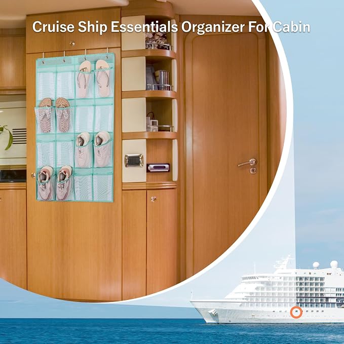 F-color Over the Door Organizer for Cruise - 16-Pocket Hanging Organizer | Tool-Free Mount with 4 Metal Hooks, See-Through Mesh Pockets, Lightweight & Foldable, Space-Saving for Travel and Daily Use