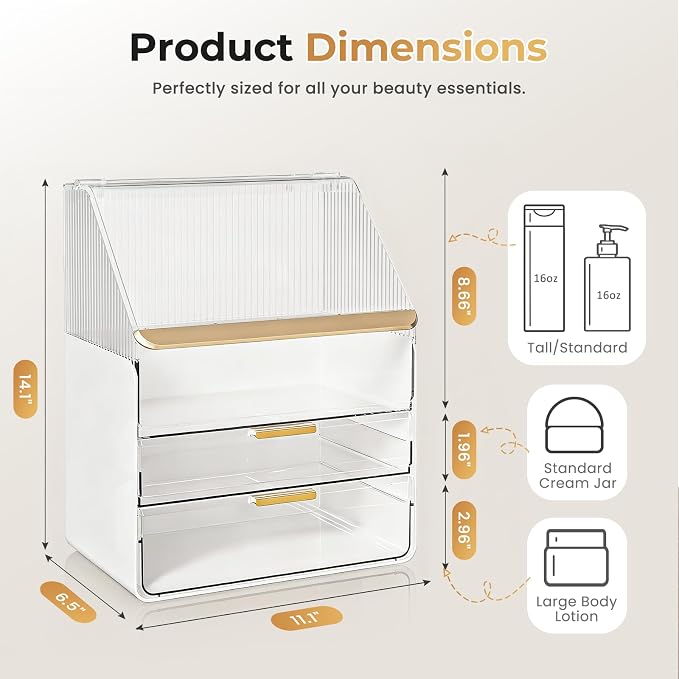 Makeup Organizer Countertop with Drawers & Lid, Skincare Organizer for Vanity, Large Cosmetic Organizer & Display Cases and Storage for Bathroom & Desktop. Perfect for Girl Women Mom Gifts
