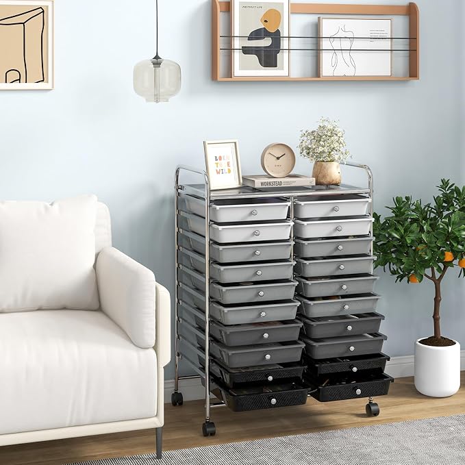 DREAMADE Rolling Cart with Storage Drawers, Utility Cart with Removable Plastic Drawers, Lockable Wheels, Art Cart for Classroom Organization Art Supplies Office Scrapbook (20 Drawers, Mixed-black)