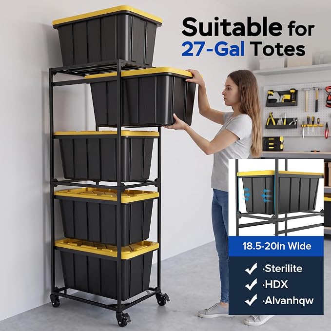 27 Gallon Tote Storage Rack with Wheels | 27 Gallon Tote Rack System, Max 300 Lbs Load Capacity, Easy to Move, Ideal for Garages & Warehouses (Bins Not Included)