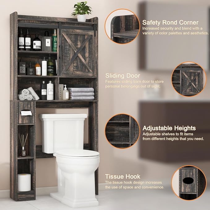 Vabches Over The Toilet Storage Cabinet with Sliding Barn Door. Dark Grey | Farmhouse Storage Cabinet with Toilet Paper Holder Stand, Home Space-Saving Toilet Rack, for Bathroom, Restroom, Laundry