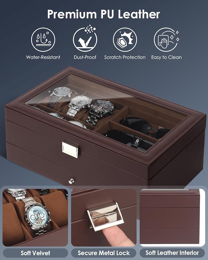 Kukikan Watch Jewelry Box Organizer, 6-Slot 2-Layer Watch Case and Sunglasses Storage with Large Glass Lid, Men's Jewelry Box with Lock, Watch Holder Display Case, Fathers Day Gift for Dad