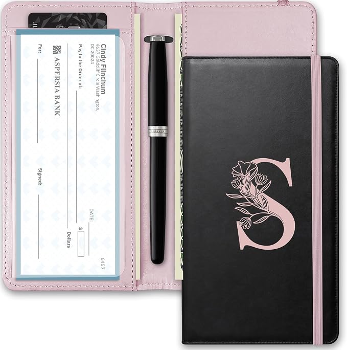 Letter Checkbook Cover, RFID Blocking Checkbook, Duplicate Checks with Pen Holder, Cards Slots, Multi-Functional Checkbook Holder for Personal and Business Checks