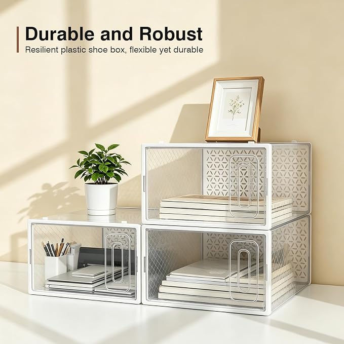 Shoe Boxes, 12 Pack Clear Plastic Stackable Shoe Storage Boxes Fit US Size 10, Ventilated Dust-Proof Sneaker Containers, Shoe Organizer for Closet, Entryway, 13.1 x 9 x 5.5 Inches, White