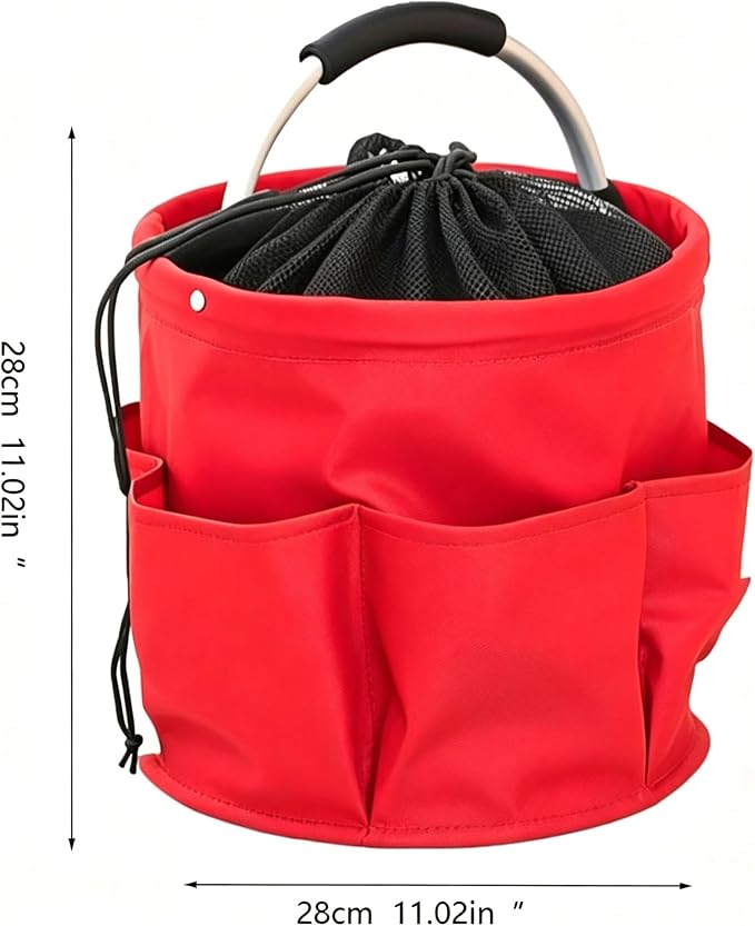 Garden Tool Bucket Organizer, Bucket Tool Organizer,5 Gallon with Aluminum Handle, Multi Side Pockets Portable Storage Caddy for Gardening Camping Car Wash (Red, Drawstring Closure)
