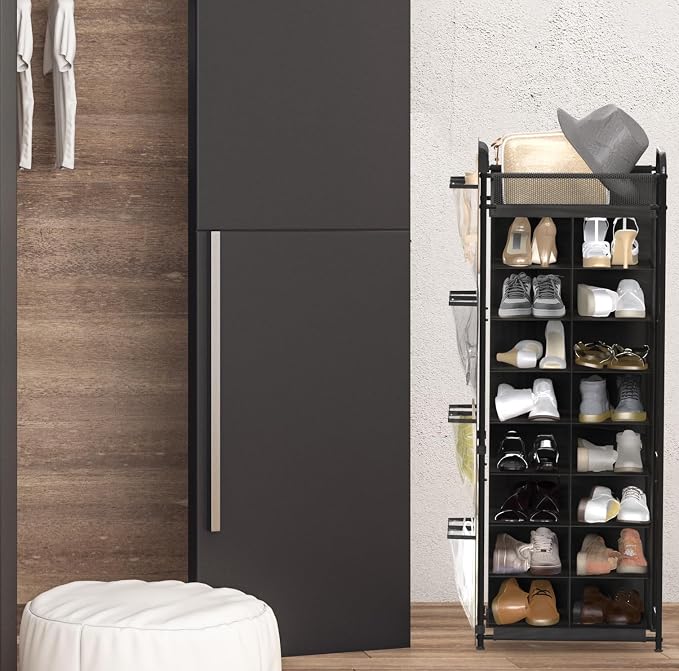 Simple Houseware 16 Cube Shoe Stand Tower Rack 8 Tier, Black | Top Shelf and Side Hanging Pockets
