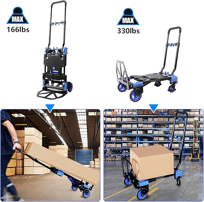 Folding Hand Truck Dolly with Folding Basket, 330LBS Capacity Carts with Wheels 2 in 1 Platform Truck, Push Cart Dolly with 4 Wheels and Retractable Handle