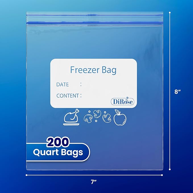 DiRose Reclosable Freezer Bags - Quart Size (200 Pack) | Double Zipper, Airtight Seal, BPA-Free, Premium Thick Heavy-Duty Bags for Safe and Secure Food Storage