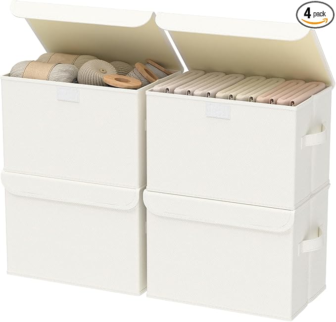 Storage Bins with Lids for Organizing, 4 Pack, Beige, 15x9.8x9.8 In | Closet Boxes with 2 Carrying Handles and Sturdy Heavy PP-board, Home Organizers Cubes for Clothes, Towels, Blanket