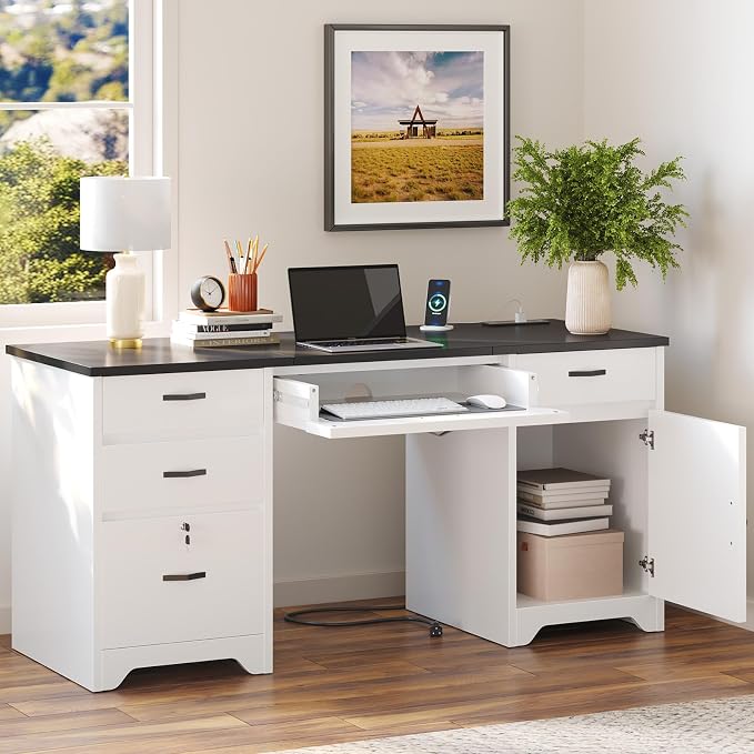 Bestier 59” Office Desk with Lockable Drawers, Modern Computer Desk with File Drawer, Charging Station & Drop-Front Keyboard Drawer, Executive Desk with Storage Cabinet for Home Office & Studio, White