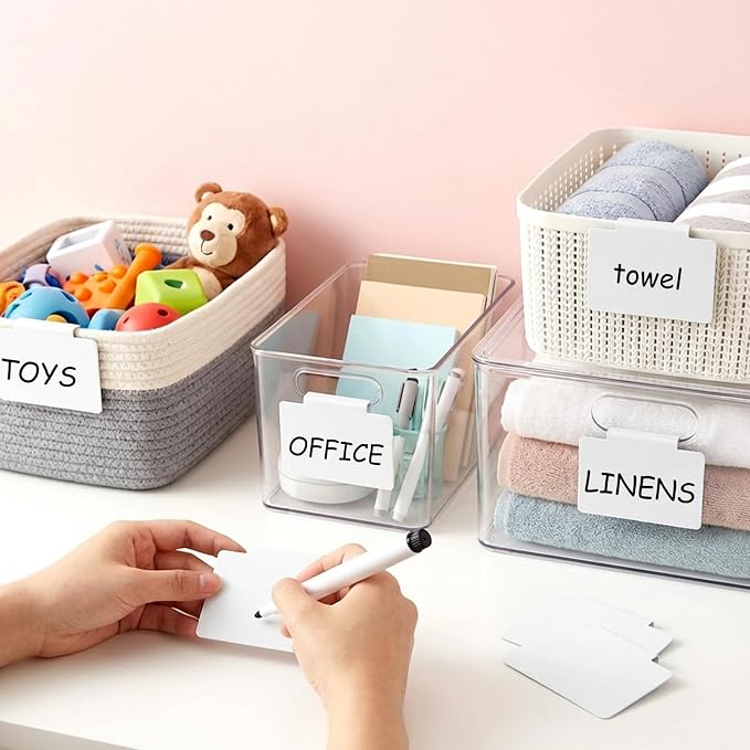 32Pcs Basket Labels Clip On Set - Include 30 Clip On Labels for Storage Bins with 2 Chalk Markers, PVC Removable Label Holders Basket Tags Label Clips for Kitchen Pantry Storage Bin (White)