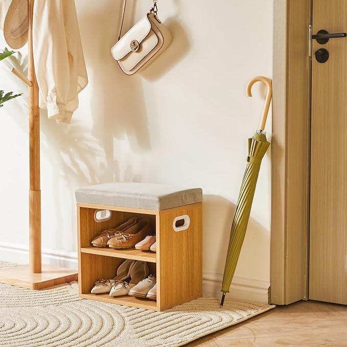 YMYNY Small Shoe Storage Bench with Cushion, Natural, HBD028N | 2 Tier Entryway Bench with Storage, Small Shoe Rack Bench with Adjustable Shelf for Entryway 11 x 15.3 x 16.5 Inches