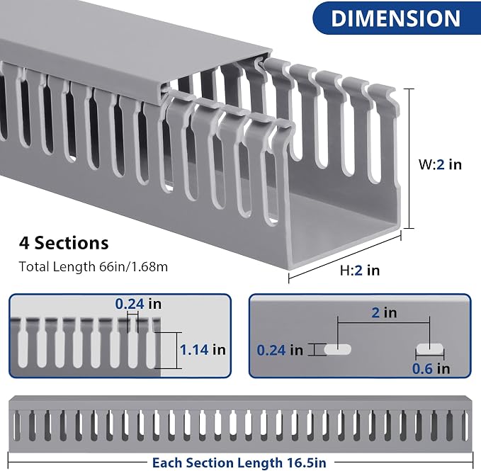 2" H x 2" W Cable Raceway, 66in Under Desk Wire Management Channel, Grey | Slotted Wire Duct, 4Pack, 16.5in Each, Heavy-Duty PVC Cable Management for Server Racks, Network Cables & Electrical Cabinets