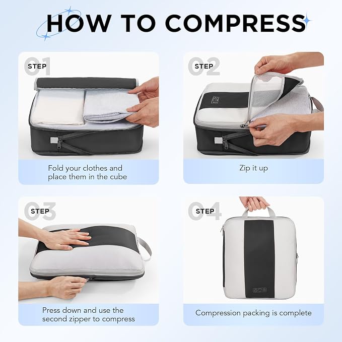 OlarHike 8 Set Compression Packing Cubes for Travel Essentials,Compressible Expandable Space Saver Bags for Organizing Clothes,Luggage Suitcase Garment Bags with Over 1000 pcs Mesh Holes(Black)