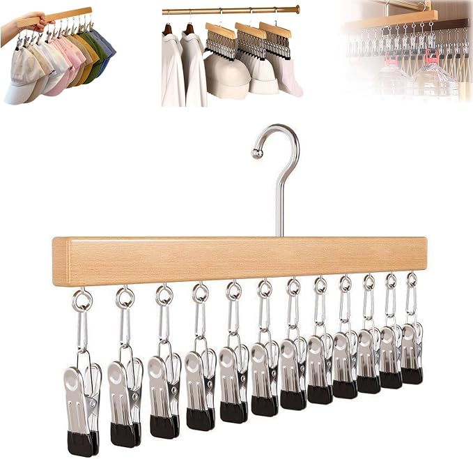 Closet Organizer with 10 Clips, Space Saving Hanging Closet Organizer, Space-Saving Hat Scarf Clothespins for Jeans Skirts Socks Pant Hangers with Clips (Wood-12 Clip, 1PC)