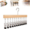 Closet Organizer with 10 Clips, Space Saving Hanging Closet Organizer, Space-Saving Hat Scarf Clothespins for Jeans Skirts Socks Pant Hangers with Clips (Wood-12 Clip, 1PC)