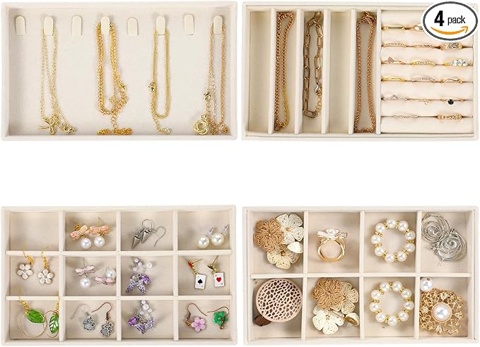4Pcs Jewelry Organizer Trays, Stackable Velvet Jewelry Trays, Drawer Insert Divider Jewel Display Storage with Removable Dividers, Divided Storage for Earring Necklace Rings Bracelet