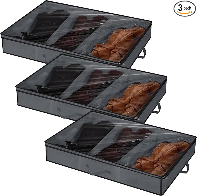 SATINIOR 3 Pcs 3 Section Under Bed Shoe Storage Boot Bag Grey and Black Underbed Shoe Organizer with Large Clear Pockets Fabric for Storage Men's and Woman's Boots