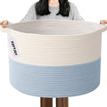 115L Extra Large Woven Cotton Rope Blanket Basket with Handles, Laundry Hamper Storage Bin for Pillows, Comforters,Clothes, Toys, Nursery, Bedroom and Living Room Organization,White&Blue