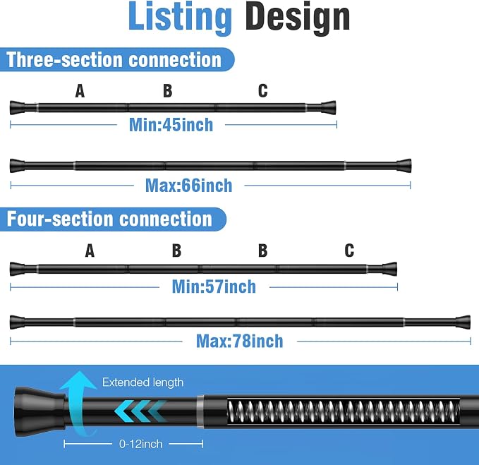 AIZESI Tension Curtain Rod for Windows 45 to 77 Inch, Adjustable Expandable Spring Curtain Rods No Drilling, Non Slip Curtain Rod for Bedroom Doorway Closet, Black