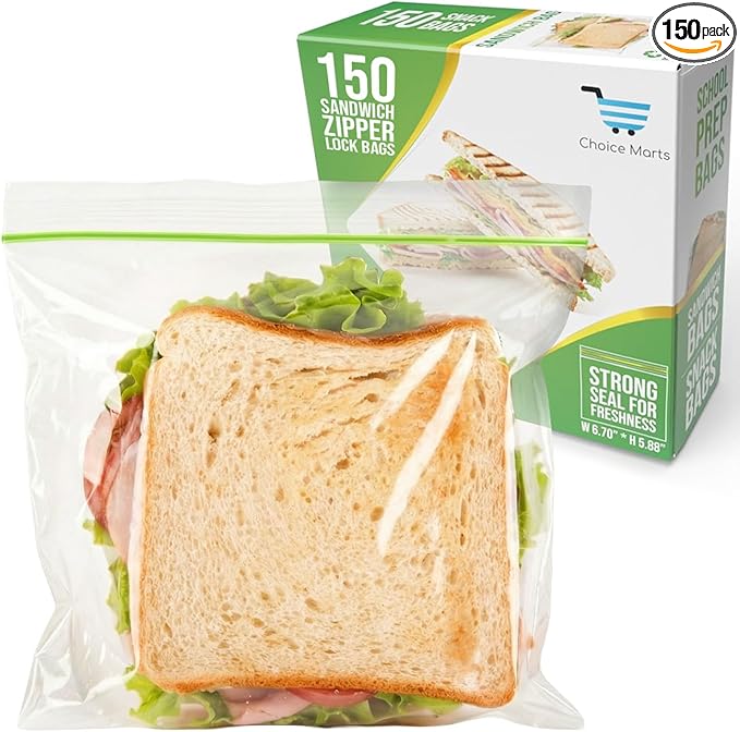Sandwich Bags 150 Count Resealable, Super Strong Zipper 5.9" x 6.7" Size Perfect For School, Work and Lunch Prep Reusable Sandwich Bags