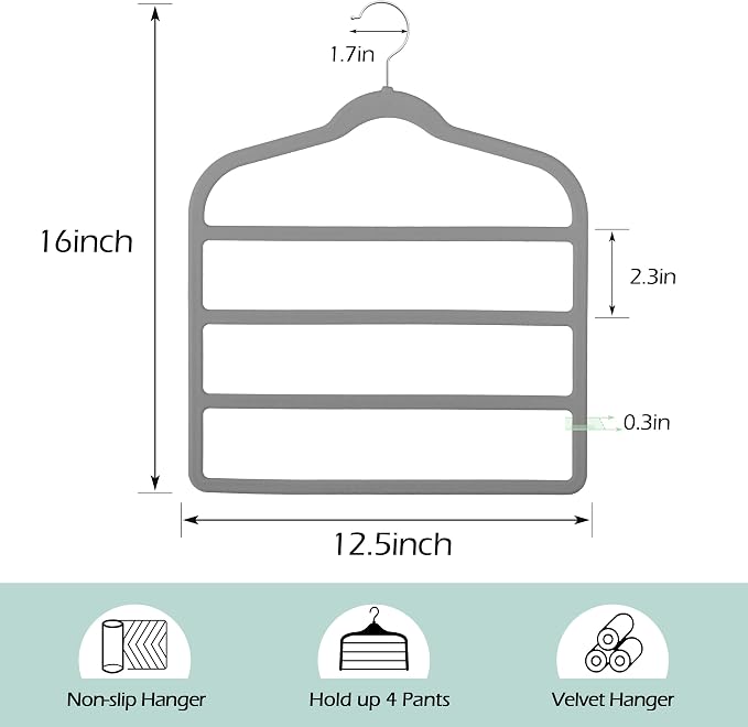Velvet Pants Clothes Hanger Space Saving Non Slip Pants Shorts Hanger, Myfolrena Jeans Slack Trousers Hangers Multiple Velvet Hanger Closet Storage and Organization for Jeans,Scarf,Tie(Grey, 5)