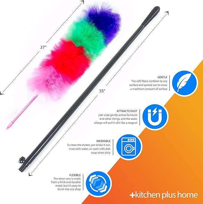 Kitchen + Home Large 27" Inch Static Duster with Bonus 35" Inch Extension Pole - Electrostatic Feather Duster attracts dust Like a Magnet! - Assorted Colors Will Ship