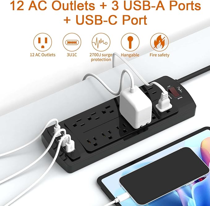 Surge Protector Power Strip, Nuetsa 12 Outlets and 4 USB Ports, 6 Feet Extension Cord for Home, Office, Dorm Essentials, 2700 Joules, ETL Listed, Black