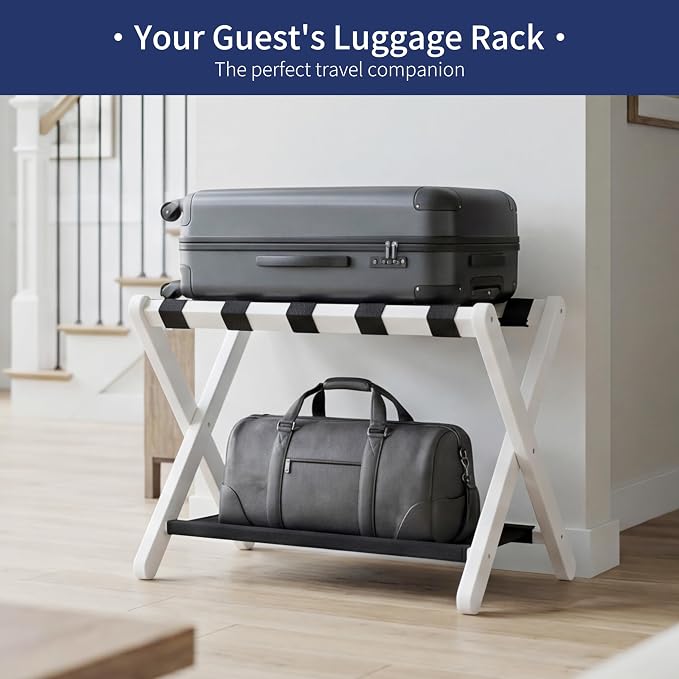 Heybly Luggage Rack for Guest Room, Folding Luggage Stand & Suitcase Holder, Suitcase Stand, Heavy Duty Wooden Luggage Rack with Double Shelf for Hotel & Bedroom, 5 Heavy Duty Straps, White HLR012W1
