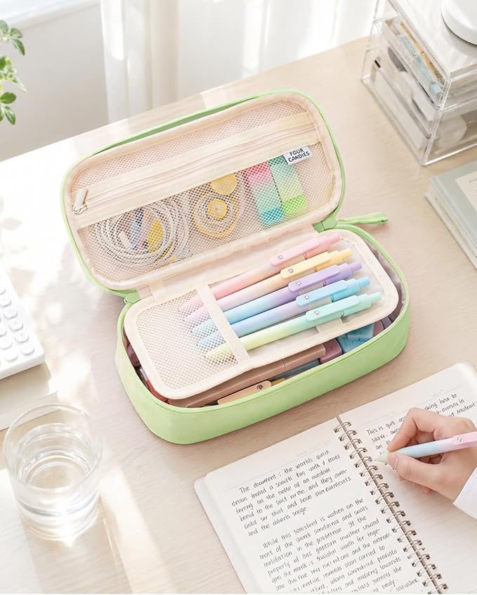 Four Candies Pencil Case, Large Capacity Pencil Pouch—Portable Marker Holder Bag for Home & Office, Soft Supply Organizer (Green)