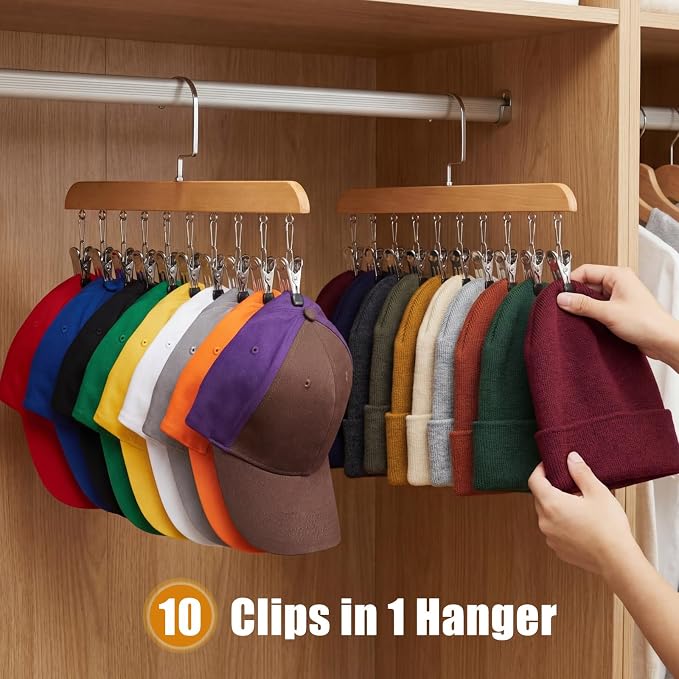 Novabright 2 Pcs Closet Organizers with 10 Clips Hat Pants Scarf Socks Hangers Wood Space Saving Rotating Hanging Hangers Clothespins with Padded Clips for Leggings Bra Tie Belt Jeans Skirt (Wood)