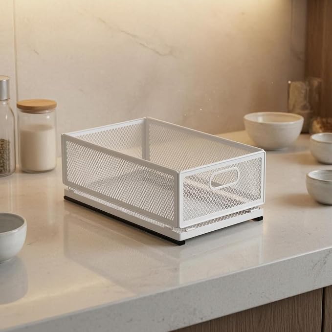 Pull-out Storage Basket Metal Frame Mesh Storage Basket Easy Access for Kitchen, Medium Storage Basket 30cm Long With Slide Rail