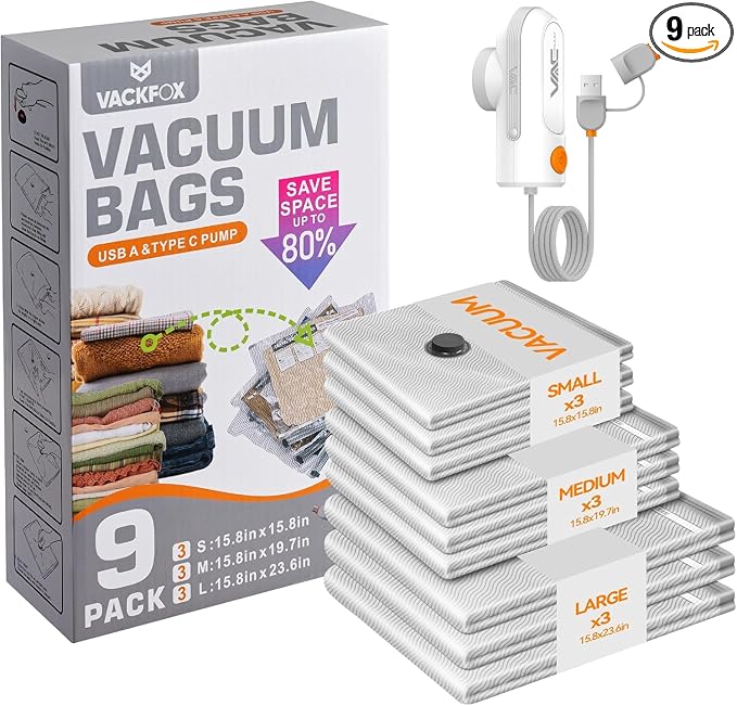 Travel Vacuum Bags with USB & TYPE C Pump, 9 Pack Carry-On Vacuum Storage Bags for Luggage & Suitcase, Vacuum Luggage Bags, Space Saver for Clothes & Travel(Grey)