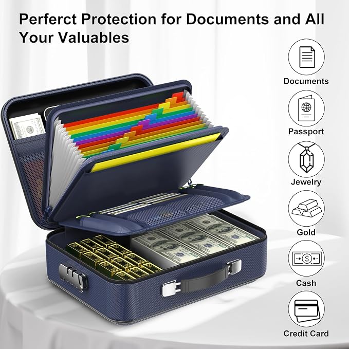 COLCASE Fireproof Document Box with Lock, Hard Fireproof Document Organizer | Hard-Shell Fireproof Waterproof Safe Box with Combination Lock Blue
