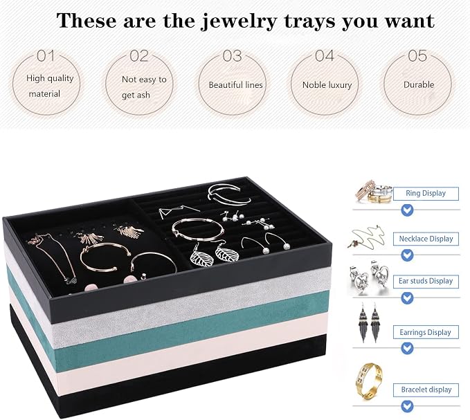 Large Velvet Jewelry Tray, Drawer Organizer for Jewelry in Dresser, Stackable Jewelry Drawer Organizer Inserts for Earring Necklace Bracelet Rings(Beige,24grid)