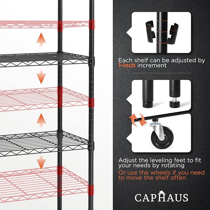 CAPHAUS 4-Tier Commercial Grade Heavy Duty Adjustable Height Wire Shelving w/Wheels & Leveling Feet, Storage Metal Steel Shelf, Garage Shelving Storage, Utility Wire Rack Storage Shelving Unit, 60" W